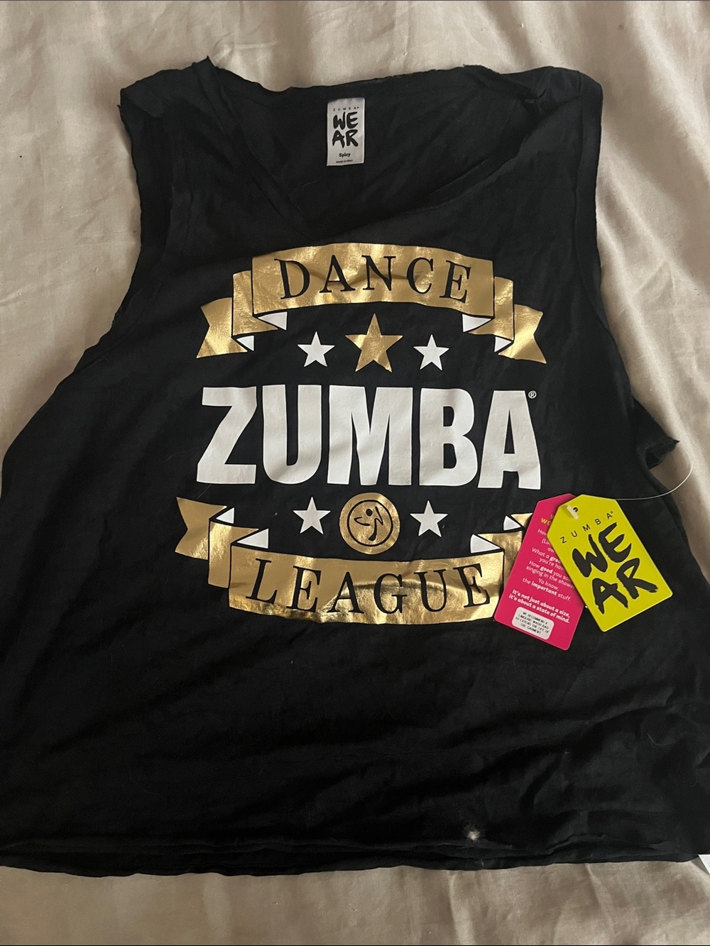 Zumba Fitness Black Tank with Gold and White Dance League Logo
